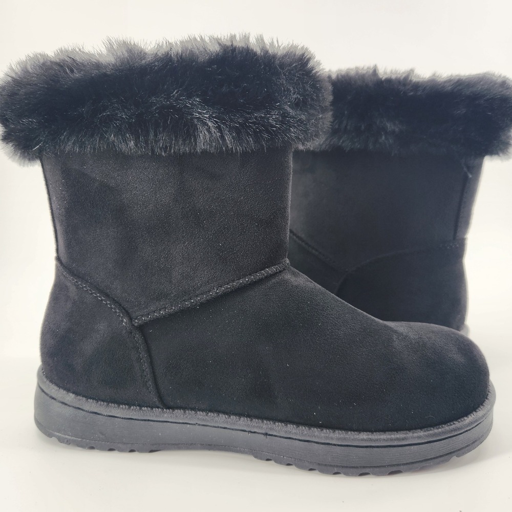Paulina Womens Black Faux Suede Fur Trim Winter‎ Boots Mid Calf Slip On